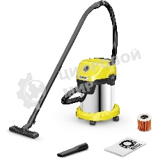 Строительный пылесос Karcher WD 3 S V-17/4/20 желтый, 1000 Вт, уборка сухая/сбор воды, пылесборник мешок/контейнер, 17 л