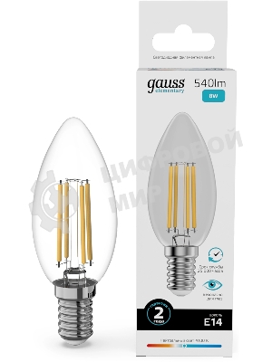 Лампа светодиодная филаментная Gauss Filament 8Вт цок.: E14 свеча св. свеч. бел. нейт. (упак.: 10 шт)