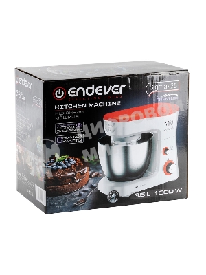 Миксер стационарный Endever Sigma-25, 1000 Вт., планетарный, многофункциональный, стальная чаша 3,5 л., регулировка скорости, белый/красный