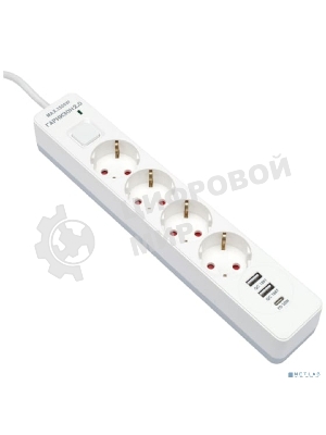 Сетевой фильтр Гарнизон EPS-OP-4-CU2-W-2 2.0 Мультипорт 4 р, 10А, 1xType-C PD, 2 х USB QC, 4 м, ур.защиты 4+, белый, пак (21449)