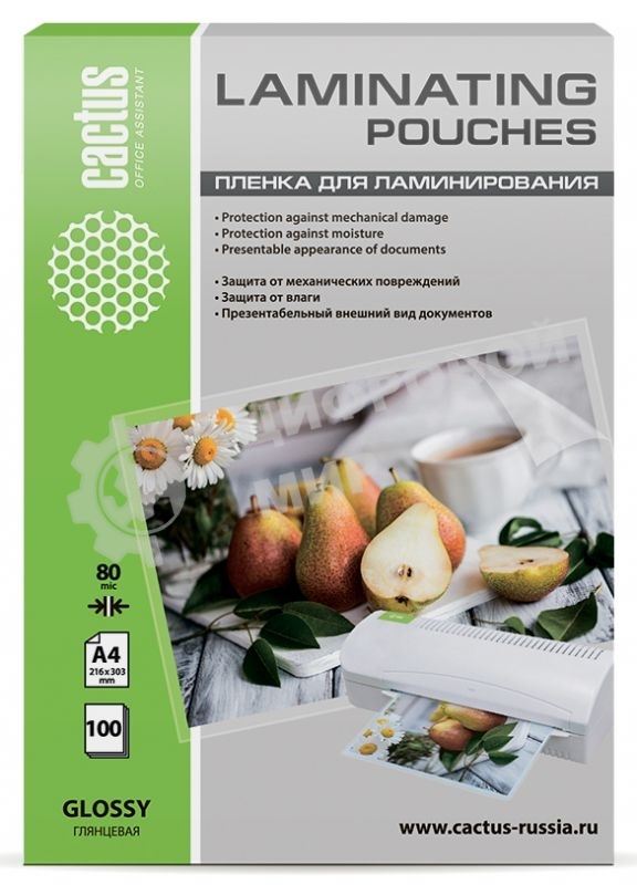 Пленка для ламинирования Cactus 80мкм A4 (100 шт) глянцевая 216x303 мм CS-LPGA480100