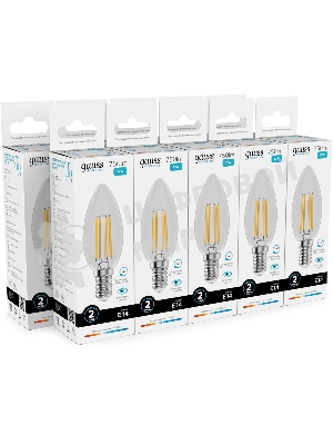 Лампа светодиодная филаментная Gauss Filament 12Вт цок.:E14 свеча св.свеч.бел.нейт. (упак.:10шт)