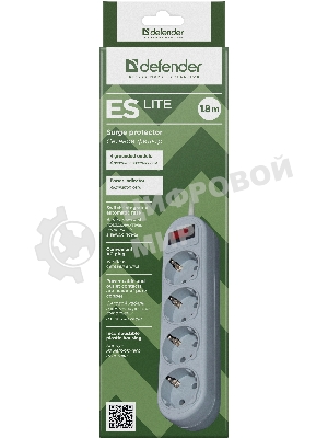 Сетевой фильтр Defender ES Lite, 1.8 м, 4 розетки, серый