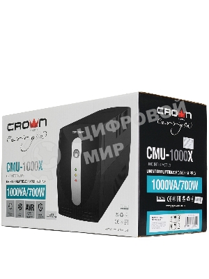 Источник бесперебойного питания Crown CMU-1000X (1000VA/600w; Off-Line; 2 х Euro с резервным питанием и фильтрацией; 12V7AH х 2; Металл)