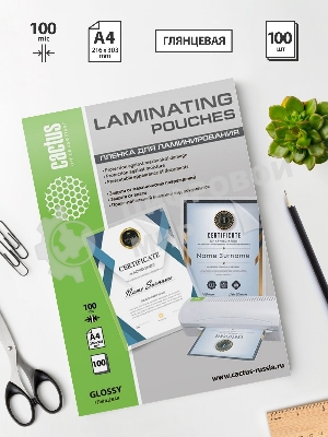 Пленка для ламинирования Cactus 100мкм A4 (100 шт) глянцевая 216x303 мм CS-LPGA4100100