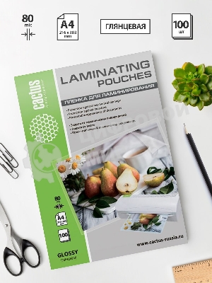 Пленка для ламинирования Cactus 80мкм A4 (100 шт) глянцевая 216x303 мм CS-LPGA480100