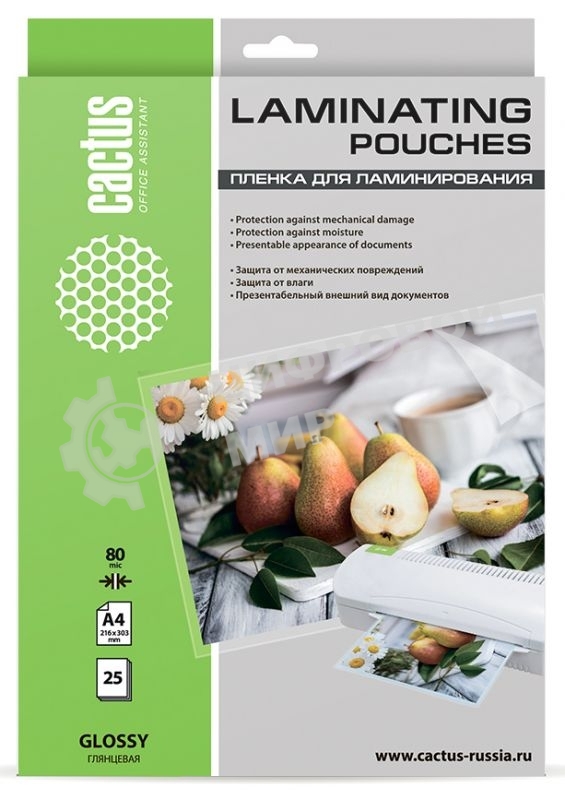 Пленка для ламинирования Cactus 80мкм A4 (25шт) глянцевая216x303мм CS-LPGA48025