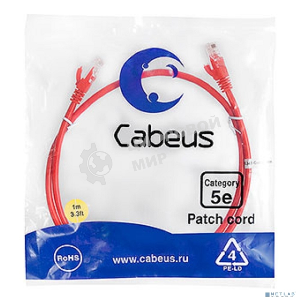 Шнур комм. Cabeus, кат. 5е, неэкр., U/UTP, RJ45/RJ45, PVC, AWG24, 1м, красный