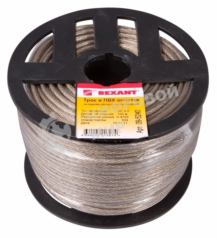 Трос стальной Rexant в ПВХ изоляции d=4.0 мм, катушка 100 метров