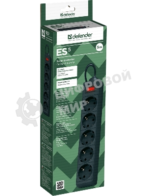 Сетевой фильтр Defender ES, 5.0 м, 5 розеток, черный