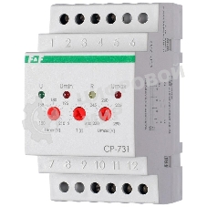 Реле напряжения CP-731 (трехфазный; микропроцессорный; контроль верхнего и нижнего значений напряжения; контроль ассиметрии; чередования фаз; монтаж на DIN-рейке 35мм 3х400/230+N 2х8А 1Z 1R IP20) F&F EA04.009.005
