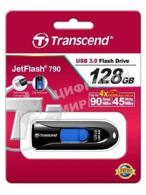 Флешка USB Transcend JetFlash 790 (TS128GJF790K), 128Gb, USB 3.0, R/W 90/40, черный/синий