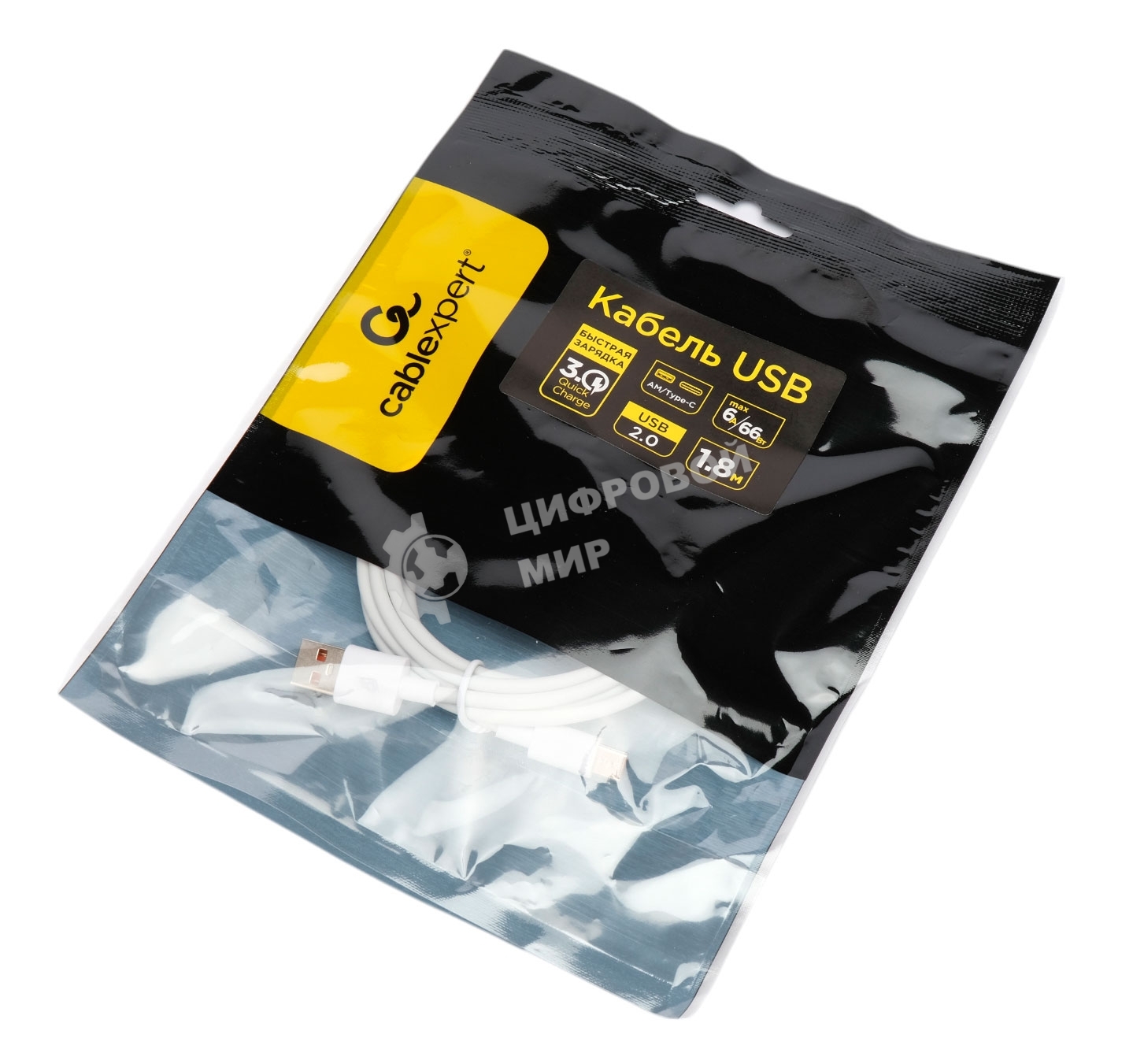 Кабель USB2.0 Cablexpert CC-USB2-AMCM-66W-1.8M-W, AM/Type-C, 6A, 66Вт, QC3.0, 1.8м, медь, белый, пакет