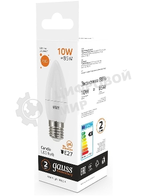 Лампа светодиодная Gauss Elementary 30210 10Вт цок.:E27 свеча 220B 3000K св.свеч.бел.теп. (упак.:10шт)