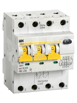 Выключатель автоматический дифференциального тока 4п (3P+N) C 16А 30мА тип A 6кА АВДТ-34 IEK MAD22-6-016-C-30