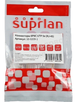 Коннектор Suprlan 10-0209-1, UTP cat.5e RJ45, прозрачный, 10шт