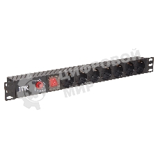 Блок ITK PDU 7 розеток DIN49440 (нем. станд.) с LED выключателем и защитой от перенапряжения, 1U, без шнура, вх. IEC320 C14, алюминевый профиль, черный