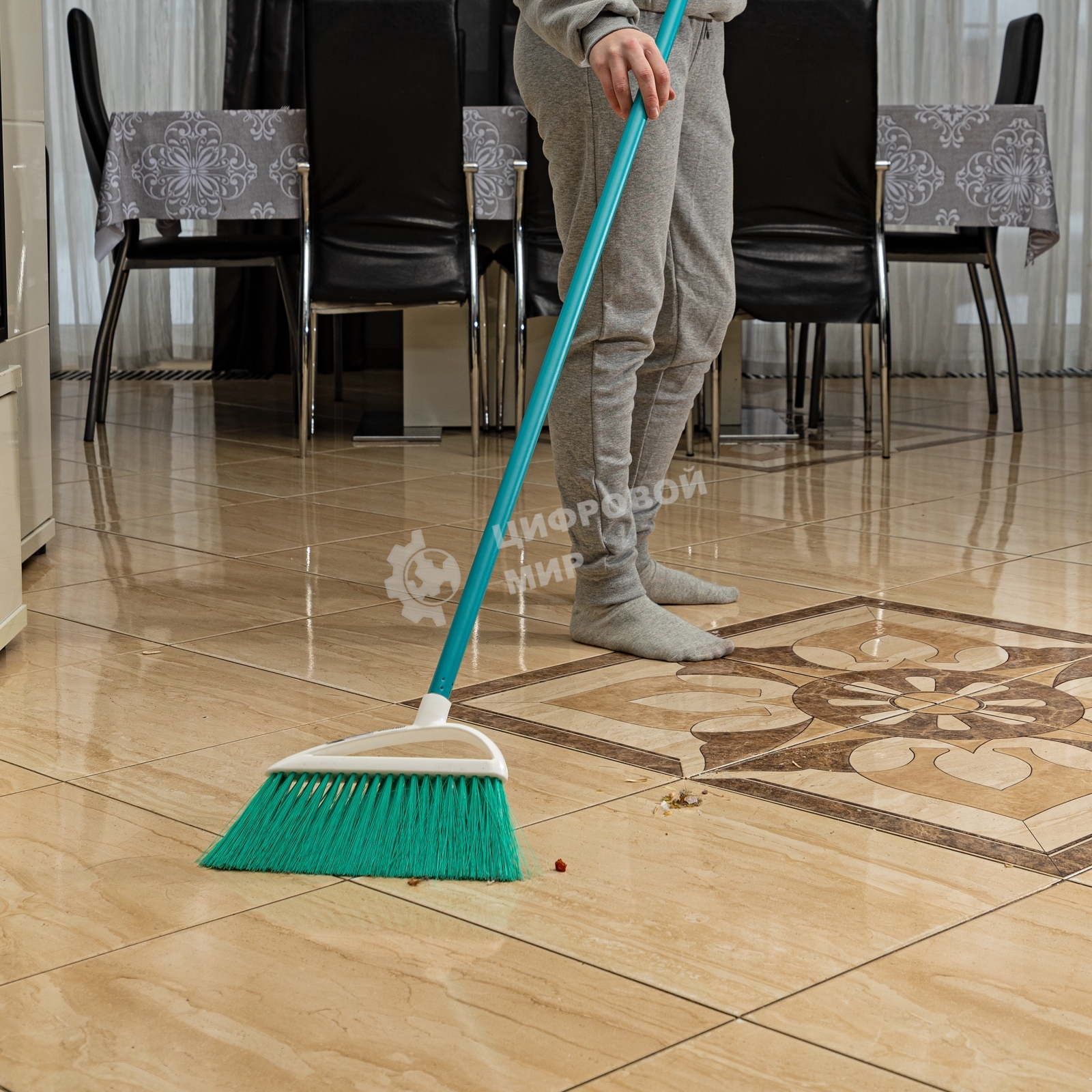 Щетка Home Palisad пластмасс. для подмет. пола, премиум, 23 см, c черенком, 120 см, бирюз. щетина