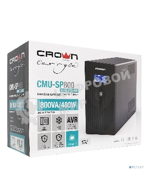 Источник бесперебойного питания CROWN 800VA/450W, металл, 1x12V/9AH, розетки 3*EURO+1*IEC bybass, трансформатор AVR 145-280V, LCD дисплей, съемный кабель 1.2м, фильтр телефонной и ethernet линии RJ11/45, защита батареи, от перегрузки, от КЗ