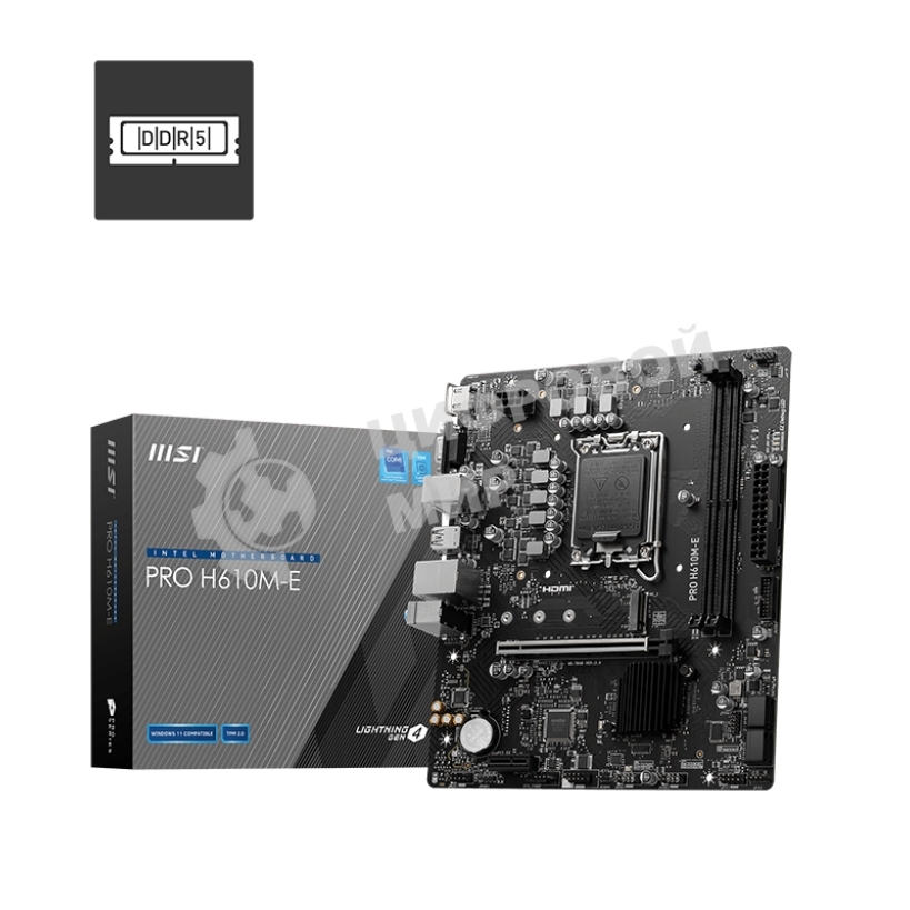 Материнская плата MSI PRO H610M-E, LGA 1700, Intel H610, 2xDDR5, 4xSATA, 1xM.2, 1xPCIe 4.0 x16, 1xPCIe 4.0 x1, 1xHDMI, 1xVGA, 1xRJ45 1Gb, 2xUSB-A 3.2 Gen 1, 4xUSB-A 2.0, 3x3.5мм, 7.1, mATX