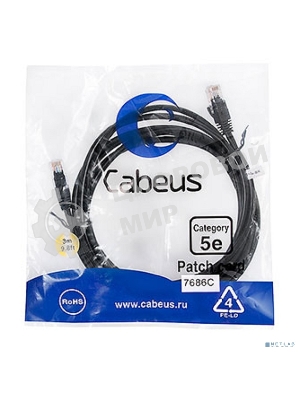 Шнур коммутационный Cabeus, Cat.5e, неэкр., U/UTP, RJ45/RJ45, PVC, AWG24, 3м, черный