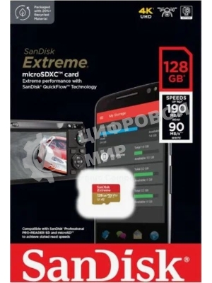 Флеш карта microSD 128Gb SanDisk microSDXC Class 10 UHS-I A2 C10 V30 U3 Extreme 190MB/s