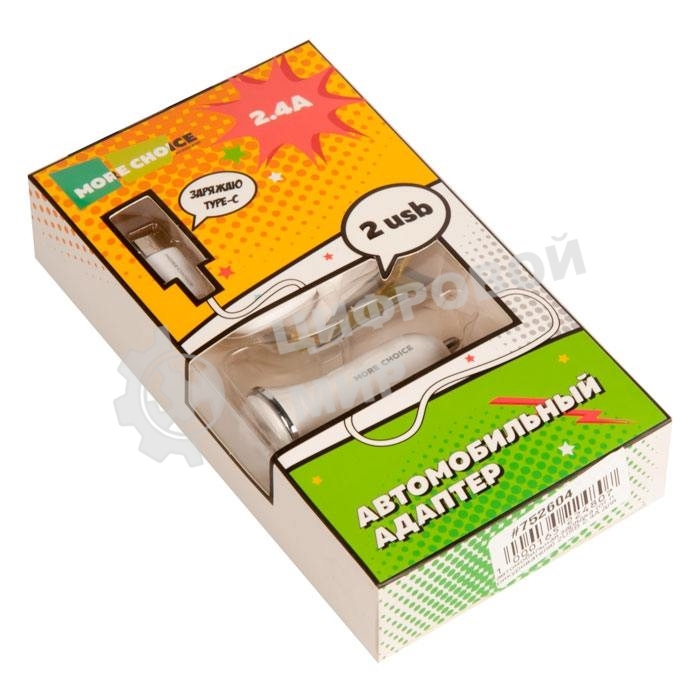 Автомобильная зарядка (от прикуривателя) 2USB 2.4A для Type-C More choice AC22a, белый