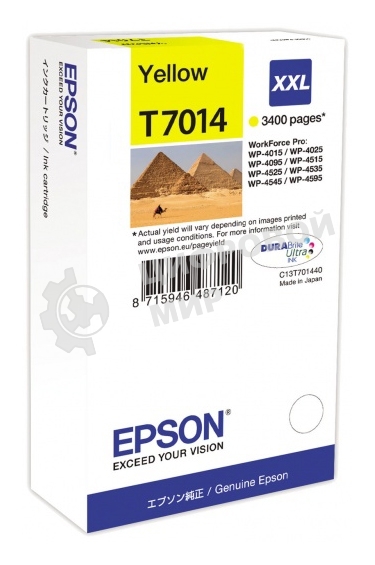 Картридж струйный Epson C13T70144010 желтый (3400 стр. сверх-повышенной емкости) для WorkForce WP-4015DN WP-4015, WP-4025DW WP-4025, WP-4095DN WP-4095, WP-4515DN WP-4515, WP-4525DNF WP-4525, WP-4535DWF WP-4535, WP-4595DNF WP-4595