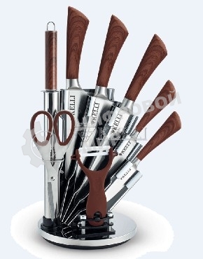 Набор кухонных ножей Kelli KL-2127 метал на подставке Высококачественная сталь 9 предметов: Топорик кухонный 16 см, Нож поварской 20 см, Нож хлебный 20 см, Нож для резки 12 см, Нож овощной 9 см, Точилка, Ножницы Овощечистка с керамическим лезвиемОстрая режущая кромка Легкая заточка Удобные ручки Восхитительный дизайн Практичная подставка