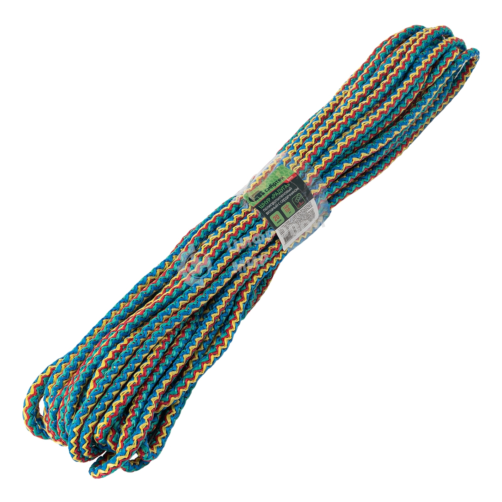 Шнур вязаный полипропиленовый Сибртех с сердечником 8 мм, 20 м, 140-150 кгс, Радуга,