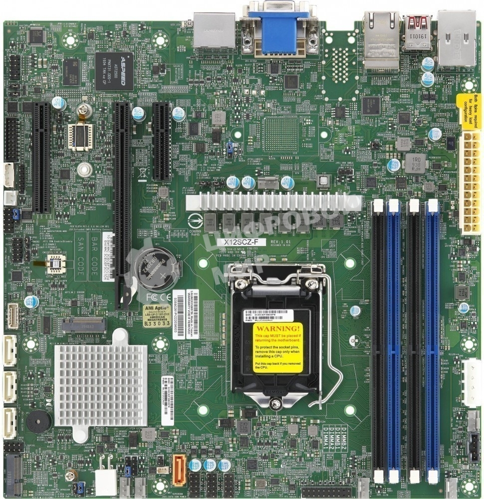 Материнская плата SuperMicro MBD-X12SCZ-F-O, LGA1200, Intel W480E, 4xDDR4, 4xSATA, 1xM.2, 1xPCIe x16, 2xPCIe x4, 1xPCIe x1, 2xRJ45, 1xDVI-D, 2xDP, 1xVGA, 1xCOM, 1xDOM, TPM 2.0, 6xUSB 2.0 (внутренние), 1xM.2 (E-Key для Wi-Fi), mATX (OEM)