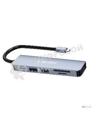 Концентратор USB Type-C Gembird UHB-D9 6в1: USB3.1, PD100W, SD/TF, USB2.0, HDMI, кабель 16см, алюминий