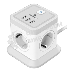 Сетевой фильтр Cablexpert Tower, TWR-4-U3-W-3, 4 р, 10А, 3xUSB, 3.1А, 3 м, ур.защиты 2+, белый, коробка