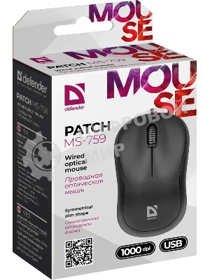 Мышь проводная Defender Patch MS-759 черный, 1000 dpi, USB, кнопки - 3