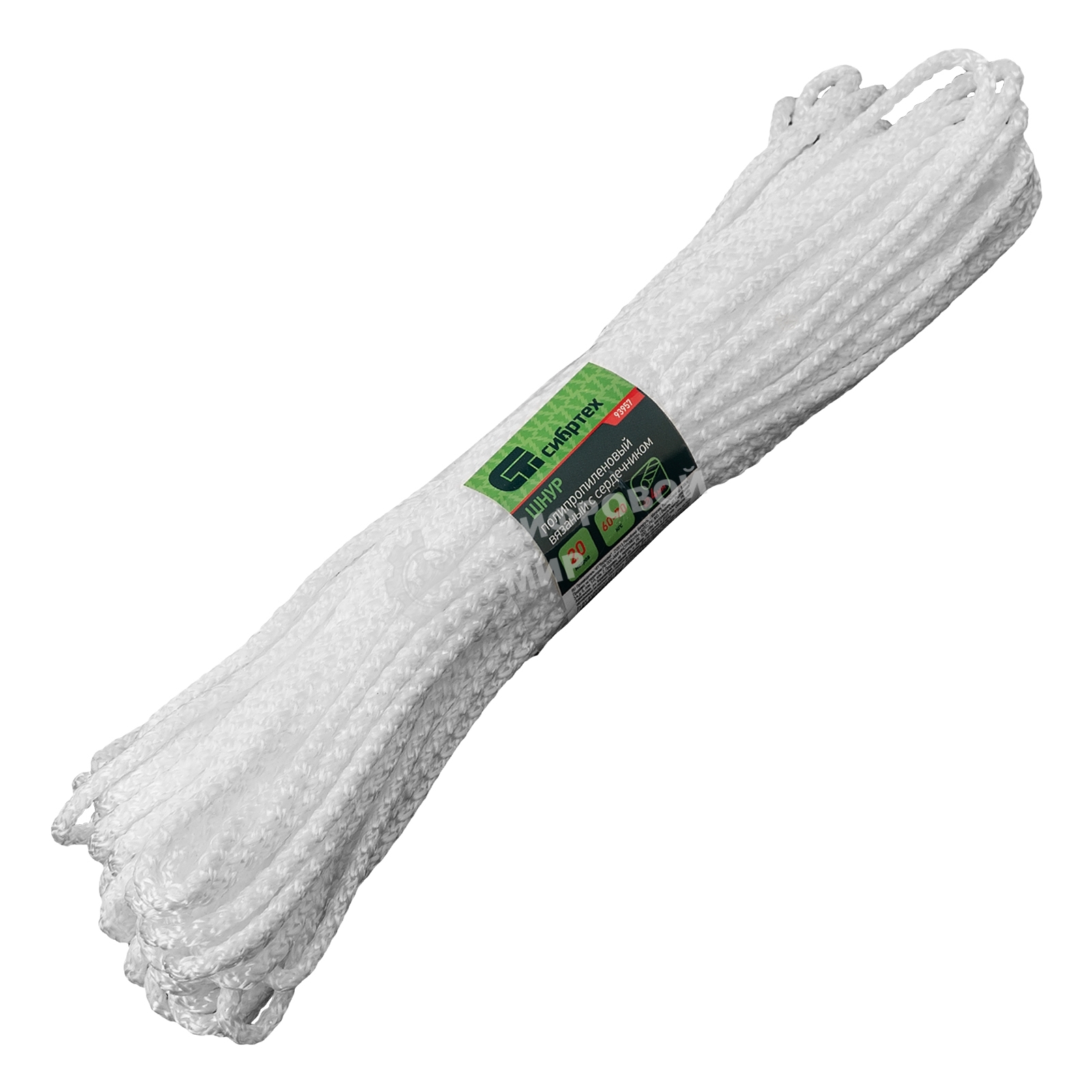 Шнур вязаный полипропиленовый Сибртех с сердечником, 4 мм, L20 м, 60-70 кгс, белый