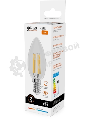 Лампа светодиодная филаментная Gauss Filament 12Вт цок.:E14 свеча св.свеч.бел.теп. (упак.:10шт)