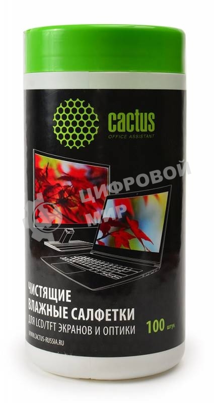 Салфетки Cactus CS-T1001 Туба с чистящими салфетками для экранов и оптики, 100 шт
