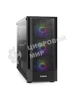 Компьютерный корпус Miditower ExeGate EVO-8227 (ATX, без БП, 2хUSB+1хUSB 3.0+HD Audio, черный, 3 вент. с RGb подсветкой, боковая панель - закаленное стекло)