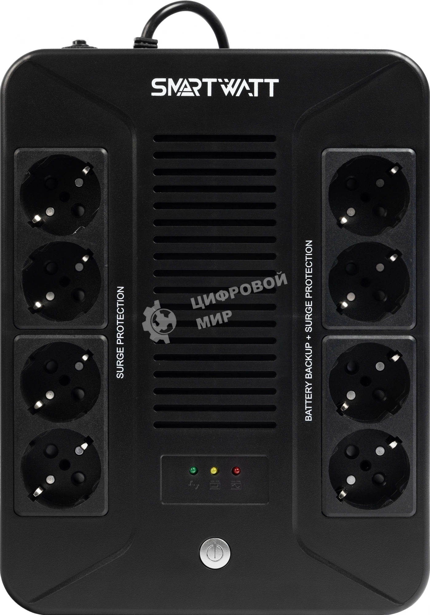 Источник бесперебойного питания SMARTWATT UPS SAFE PRO 1000 черный 1000/600 ВА/Вт, линейно-интерактивный, напольный/настенный, LED индикация, Shuko CEE7/4 - 8 шт. (4 шт. с резервным питанием, 4 шт. - сетевой фильтр)