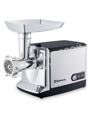 Мясорубка электрическая Sakura SA-6419BK Premium серебристый/черный, 2000 Вт, 2.0 кг/мин, реверс, защита от перегрузки, насадки - 2