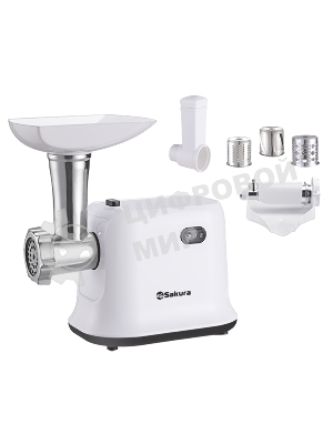Мясорубка электрическая Sakura SA-6420STW белый, 1500 Вт, 1.4 кг/мин, реверс, защита от перегрузки, насадки - 4