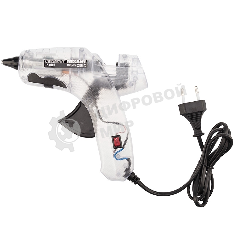 Пистолет клеевой Rexant, 60 Вт, Ø11 мм, ПРОЗРАЧНЫЙ корпус, с кнопкой, блистер