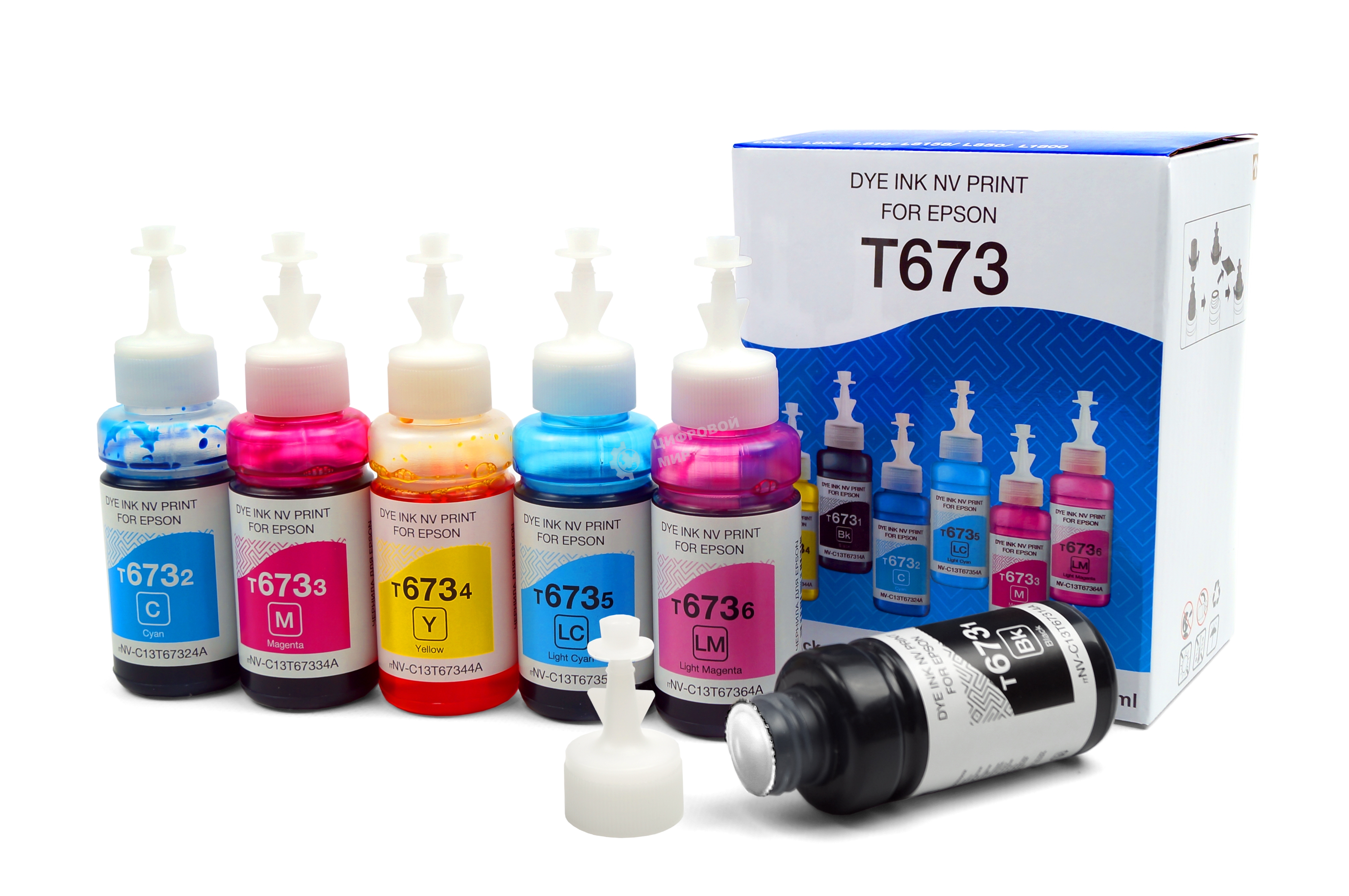 Чернила T673 для принтеров Epson L800, L805, L810, L8158, L850, L1800, комплект 6 цветов по 100 мл совместимые