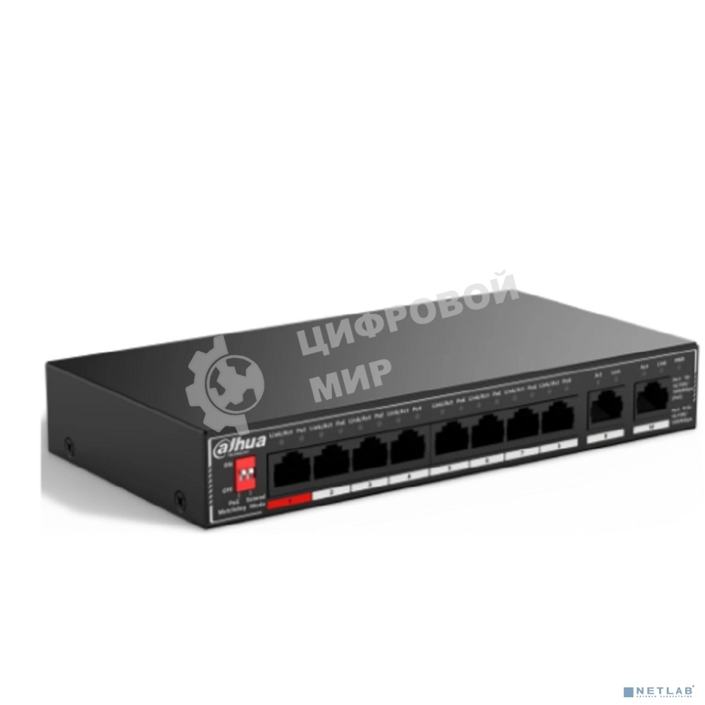 Коммутатор гигабитный 10-портовый неуправляемый c PoE Dahua DH-SG1010P, 8xRJ45 1Gb PoE, 2xRJ45 1Gb uplink, суммарно 96Вт, коммутация 20 Гбит/с, MAC-таблица 4K, металл