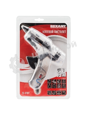 Пистолет клеевой Rexant, 60 Вт, Ø11 мм, ПРОЗРАЧНЫЙ корпус, с кнопкой, блистер