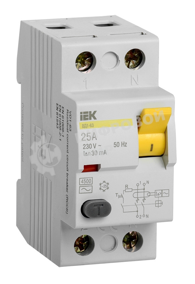 Выключатель дифференциального тока (УЗО) 2п 25А 30мА тип AC ВД1-63 IEK MDV10-2-025-030