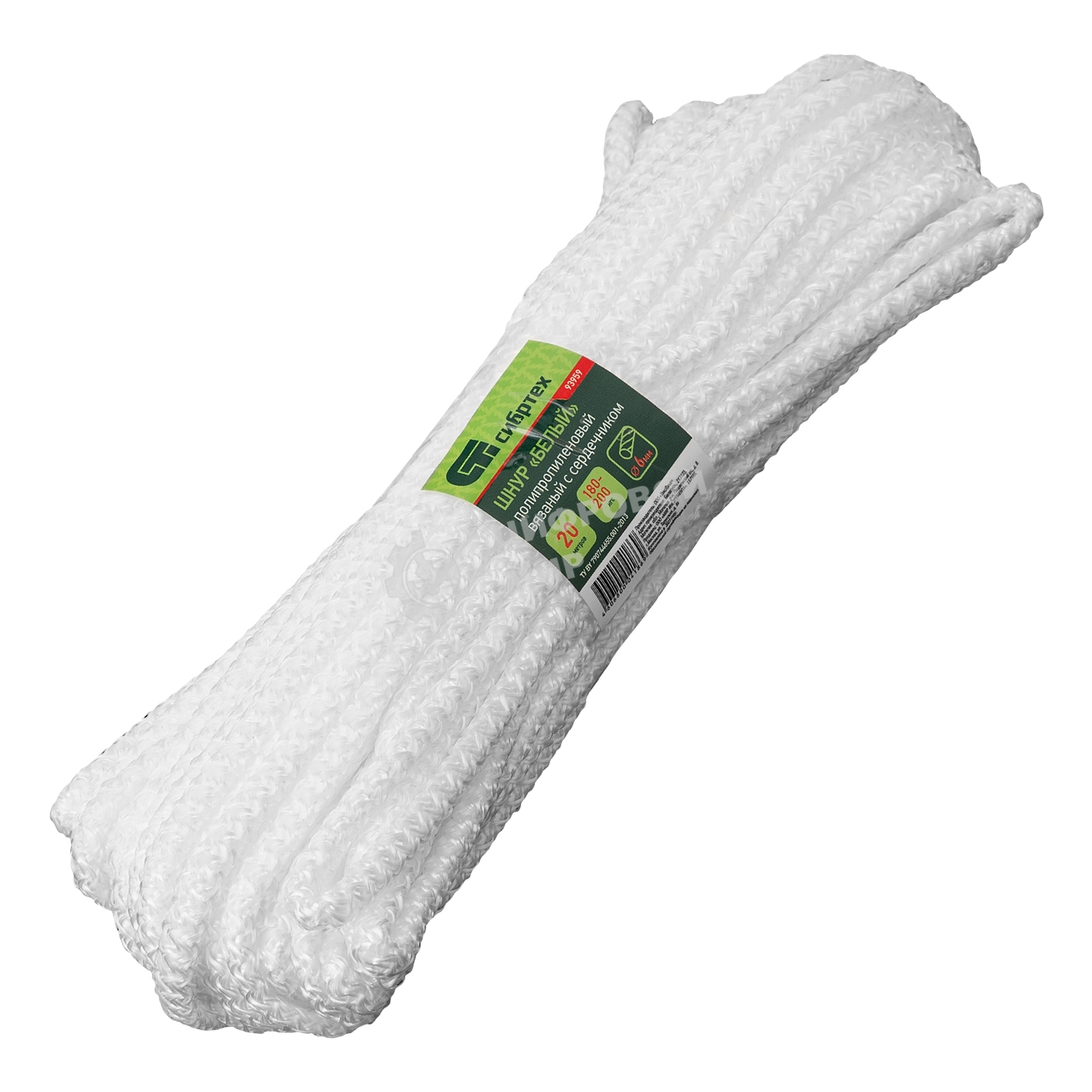 Шнур вязаный полипропиленовый Сибртех с сердечником, 6 мм, L20 м, 180-200 кгс, белый