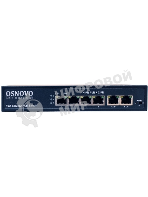 Коммутатор Osnovo SW-20600(80W) PoE коммутатор 6 портов, 4 PoE порта 10/100 Base-T, 2*10/100 Base-T Uplink, до 30W на порт, суммарно до 80W
