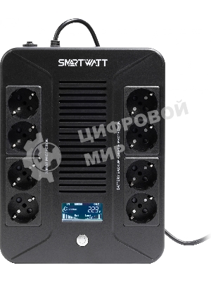 Источник бесперебойного питания SMARTWATT UPS SAFE PRO LCD 1000 черный 1000/600 ВА/Вт, напольный/настенный, линейно-интерактивный, LCD дисплей, Shuko CEE7/4 - 8 шт. (4 шт. с резервным питанием, 4 шт. - сетевой фильтр)