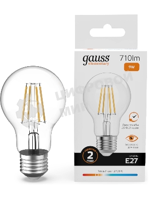 Лампа светодиодная филаментная Gauss Filament 9Вт цок.: E27 груша св. свеч. бел. теп. (упак.: 10 шт)